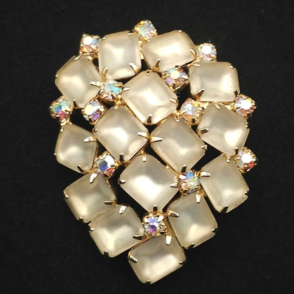Vtg Frosted Glass Aurora Borealis Rhinestone Brooch Statement Gold Tone Wedding